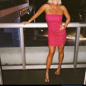 Hot Pink lace up side strapless mini dress